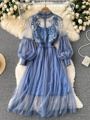 Ladies Dress Three-dimensional Flower Hook Mesh Temperament Stand Collar Lantern Sleeve High Waist Slim Dresses