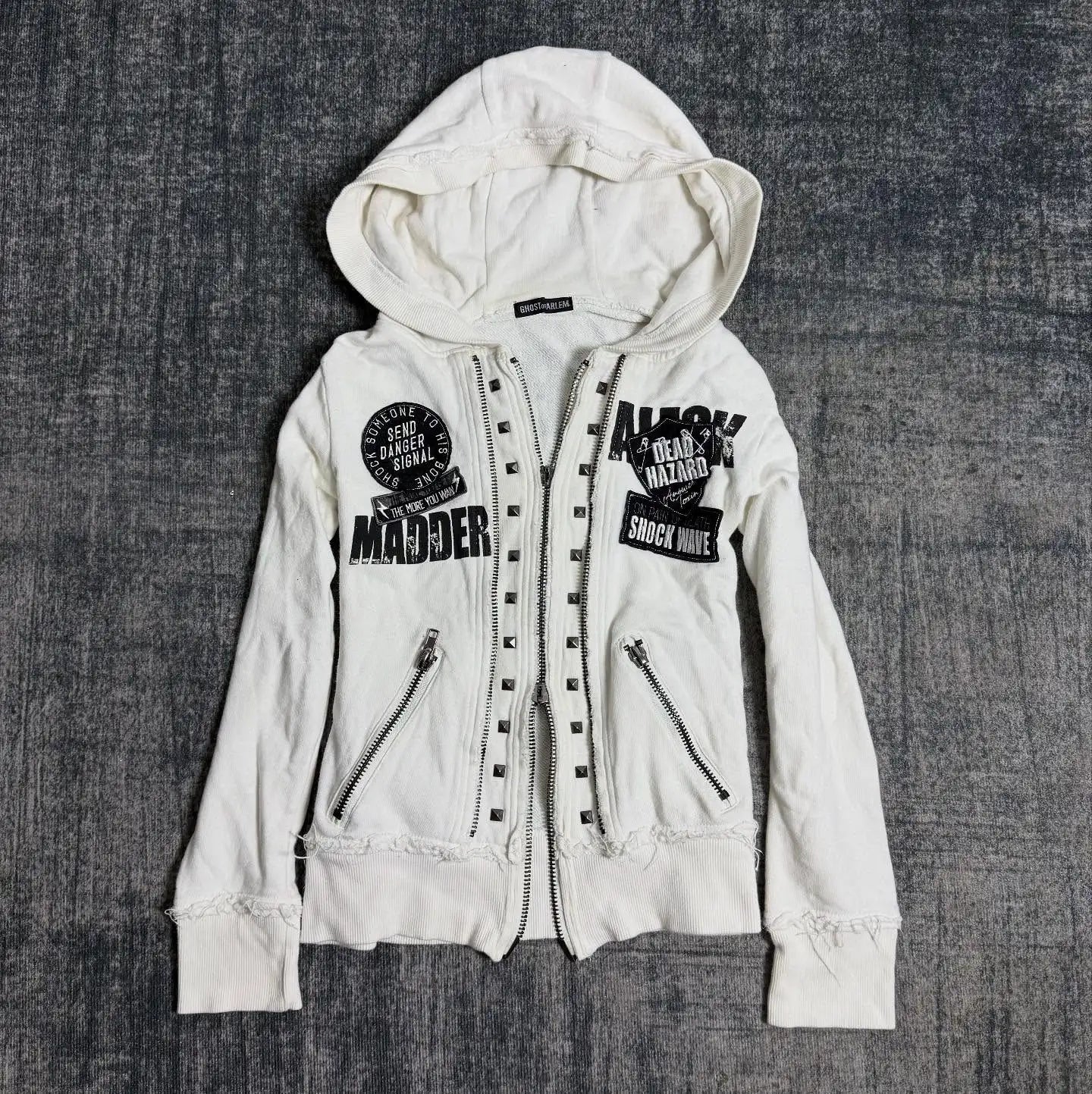 Retro Dark Style Zipper Hoodie Y2K Clothess Hip Hop Skull Patch Embroidery White Oversized Sweatshirt