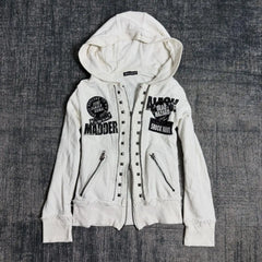 Retro Dark Style Zipper Hoodie Y2K Clothess Hip Hop Skull Patch Embroidery White Oversized Sweatshirt