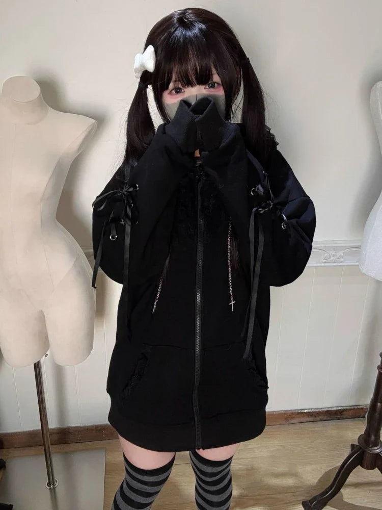 Gothic Subculture Black Lace Loose Hoodie Lovely Long Sleeve Hooded Coat Casual Warm Overcoat