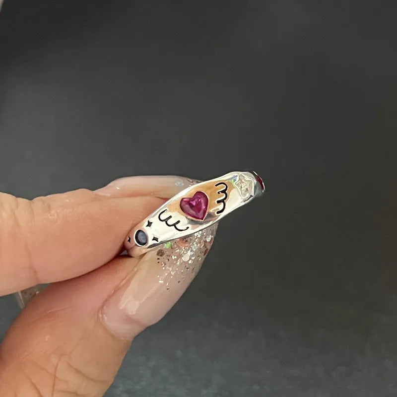 Y2K Crystal Rings Kpop Heart Adjustable Ring Irregular Geometry Punk Vintage Rings Set