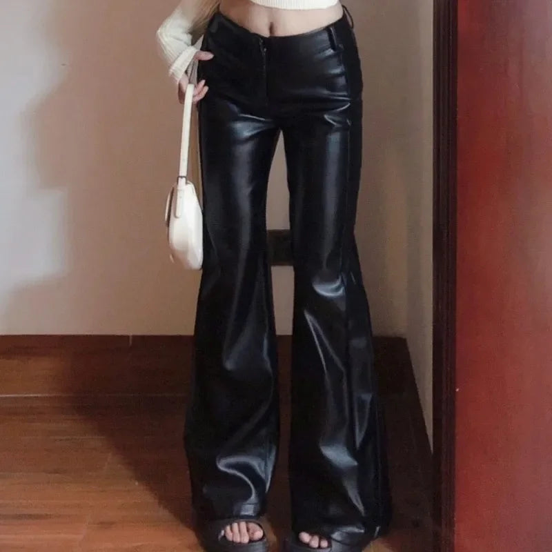 Black Pear-Shaped High-Waisted Plus-Size Wide-Leg PU Leather Pants Bell-Bottom Pants Season