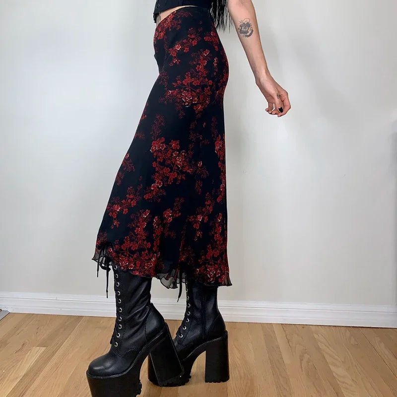 Combhasaki Y2K Retro Vintage Floral Printed High Waist Ruffled Elegant Elastic Waist Long Skirts Street Style Bottoms