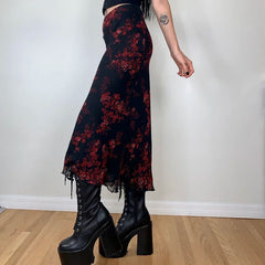 Combhasaki Y2K Retro Vintage Floral Printed High Waist Ruffled Elegant Elastic Waist Long Skirts Street Style Bottoms