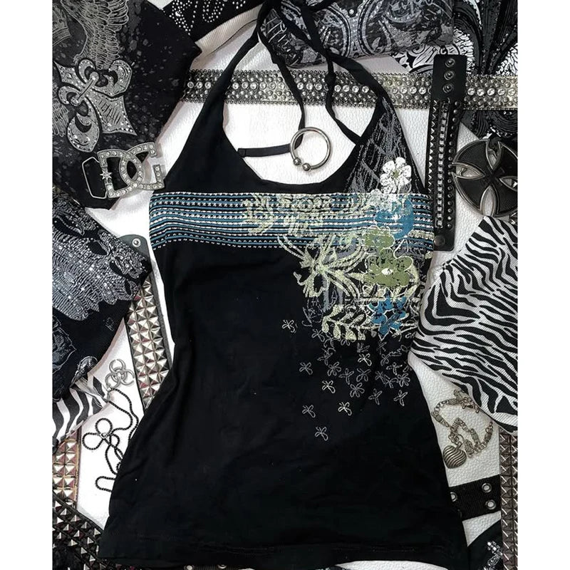 Cool Punk Harajuku Lace Solid color Y2k Tank Top Casual Hip Hop Sleeveless Top Unique Grunge Goth Crop top Streetwear Vest Retro