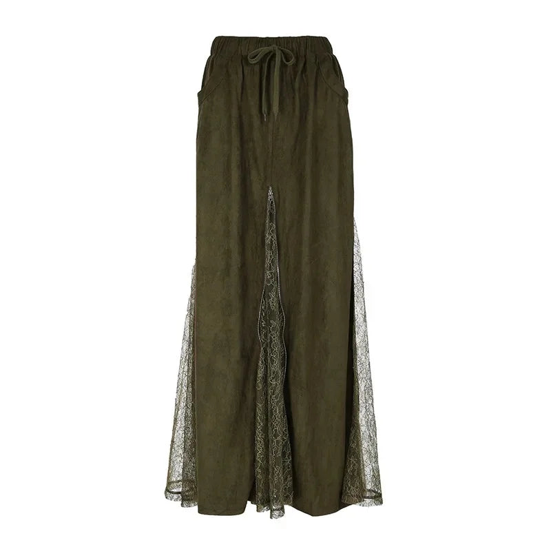Low Waist A- Line Skirt Vintage Green Lace Patchwork Floor Length Heavy Zipper Half Body Skirt Romantic Green Wilderness Fairy T