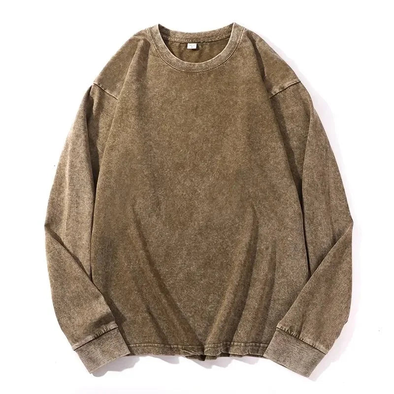 Plus Size Washed Pure Cotton Long Sleeve T-Shirt European Style Oversized round Neck Big Size