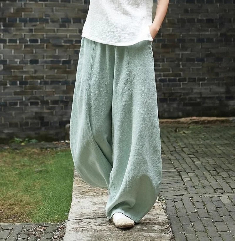 Cotton Linen Bloomers Wide Leg Pants Vintage Full Length Elegent Pants Solid Elasitic Waist 5XL