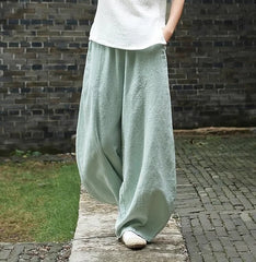 Cotton Linen Bloomers Wide Leg Pants Vintage Full Length Elegent Pants Solid Elasitic Waist 5XL