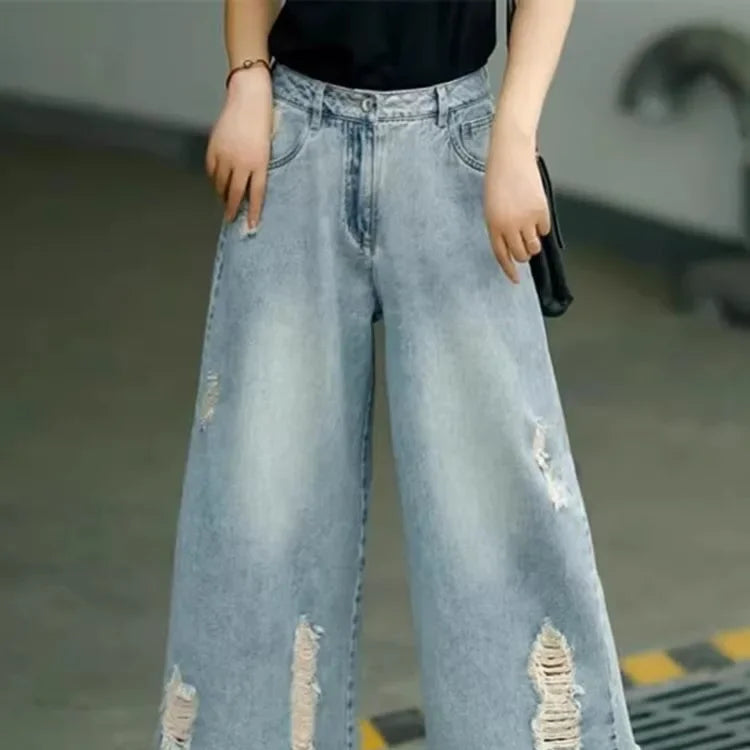 Retro Faded Hole Denim Jeans Thin High Waist Loose Wide Leg Pants Small Size Seven Casual Pants