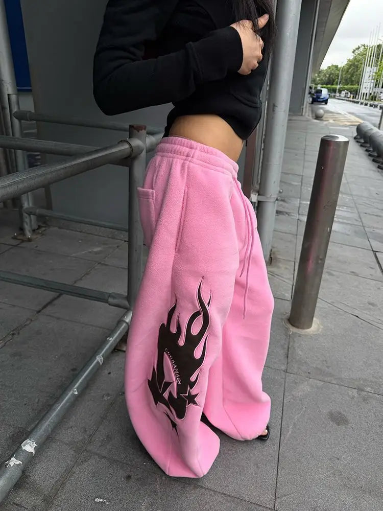 American Design Flame Print Drawstring Wide-leg Casual Sweatpants