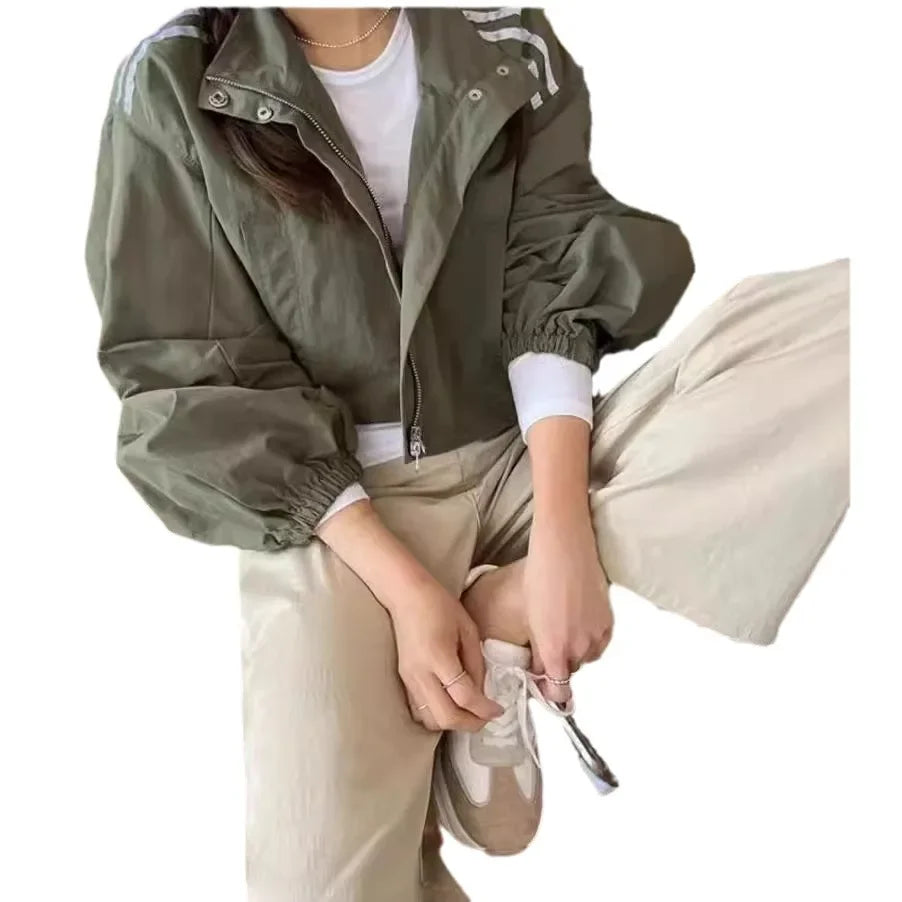 Loose Stand Collar Striped Design Two Bars Korean Chic Jacket Versatile Outerwear Full Sleeve Korean Style