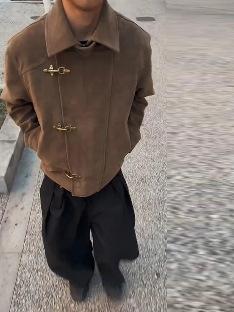Elegant Metal Button Gender's Coat Slim Lapel Asymmetry Full Sleeves Couple Short Coat Chic Streetwear