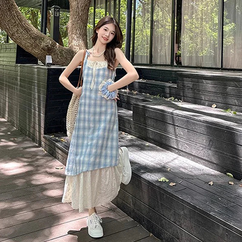 Plaid Fake Two Piece Suspender Dress Retro Loose Long Dress