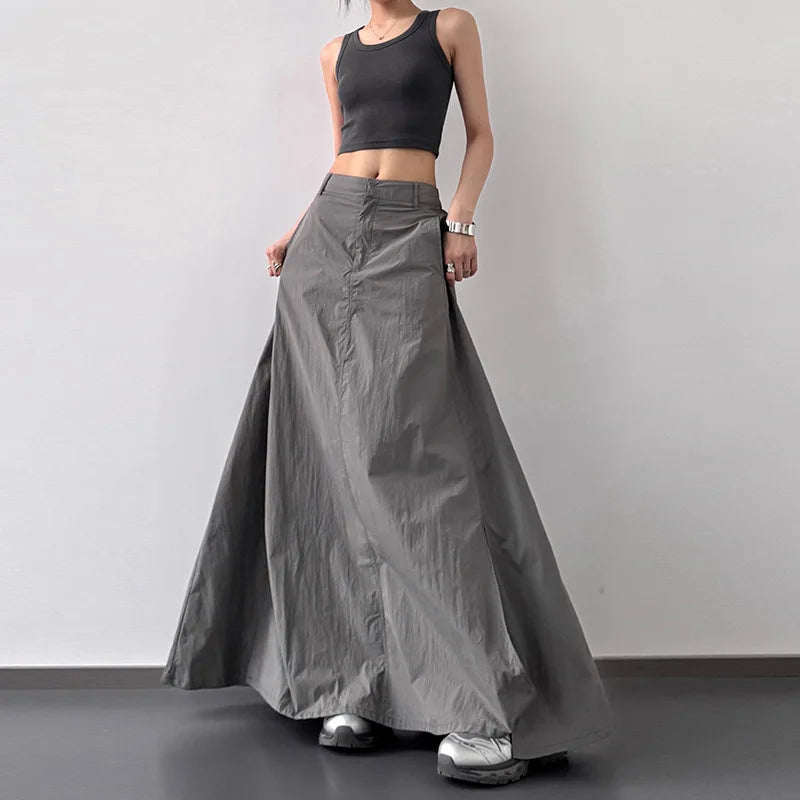 Temperament Retro Slit Cargo Skirts High Waist Streetwear Midi Skirts Y2K Chic Hip All Match Folds A Line Skirt