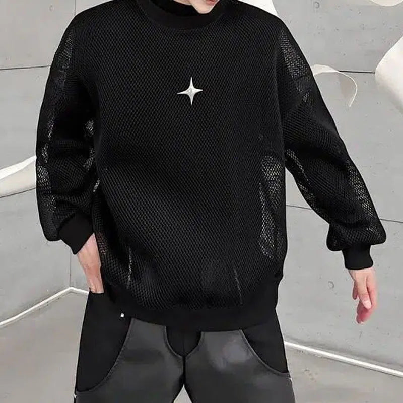 Korean Clothes Hollow Out Ice Silk Fabric Wear Sheer Out Streetwear Round Neck Long Sleeve T-shirt
