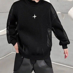 Korean Clothes Hollow Out Ice Silk Fabric Wear Sheer Out Streetwear Round Neck Long Sleeve T-shirt