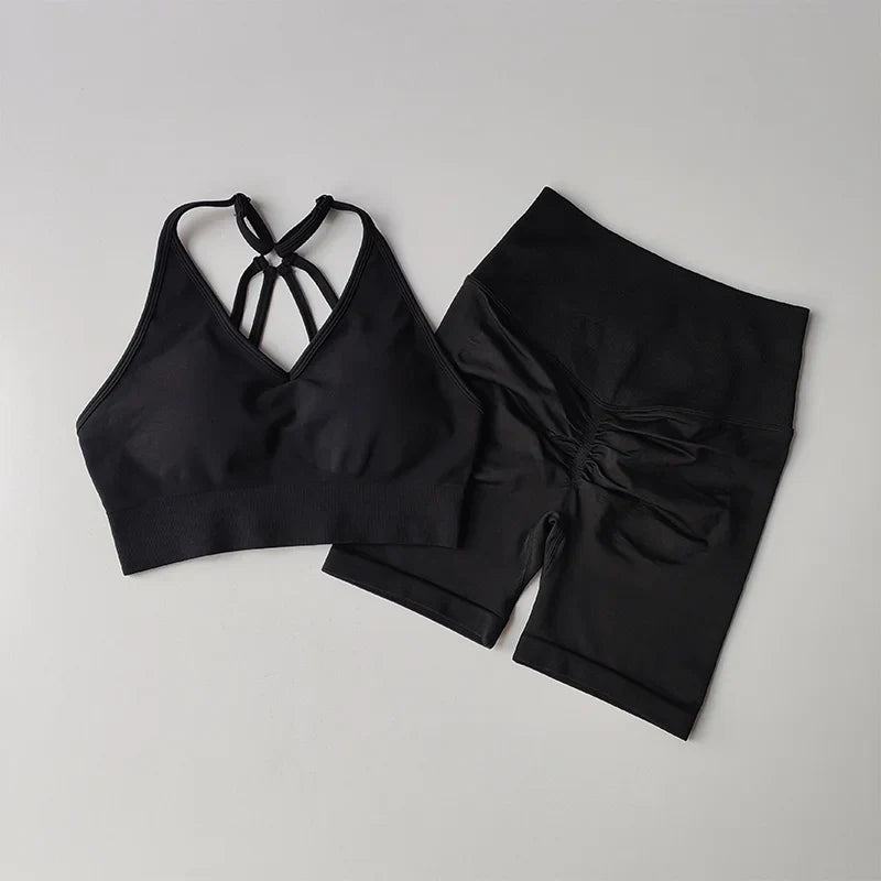 2 Pcs Yoga Sets High Waist Workout Outfits Gym Wear Gym Clothing Sports Suits Fitness Tracksuit Sportswear Shorts Suit