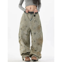 Graffiti Blue Jeans Y2K Vintage High Waisted Jeans Straight Streetwear Loose Large Wide Leg Denim Pants