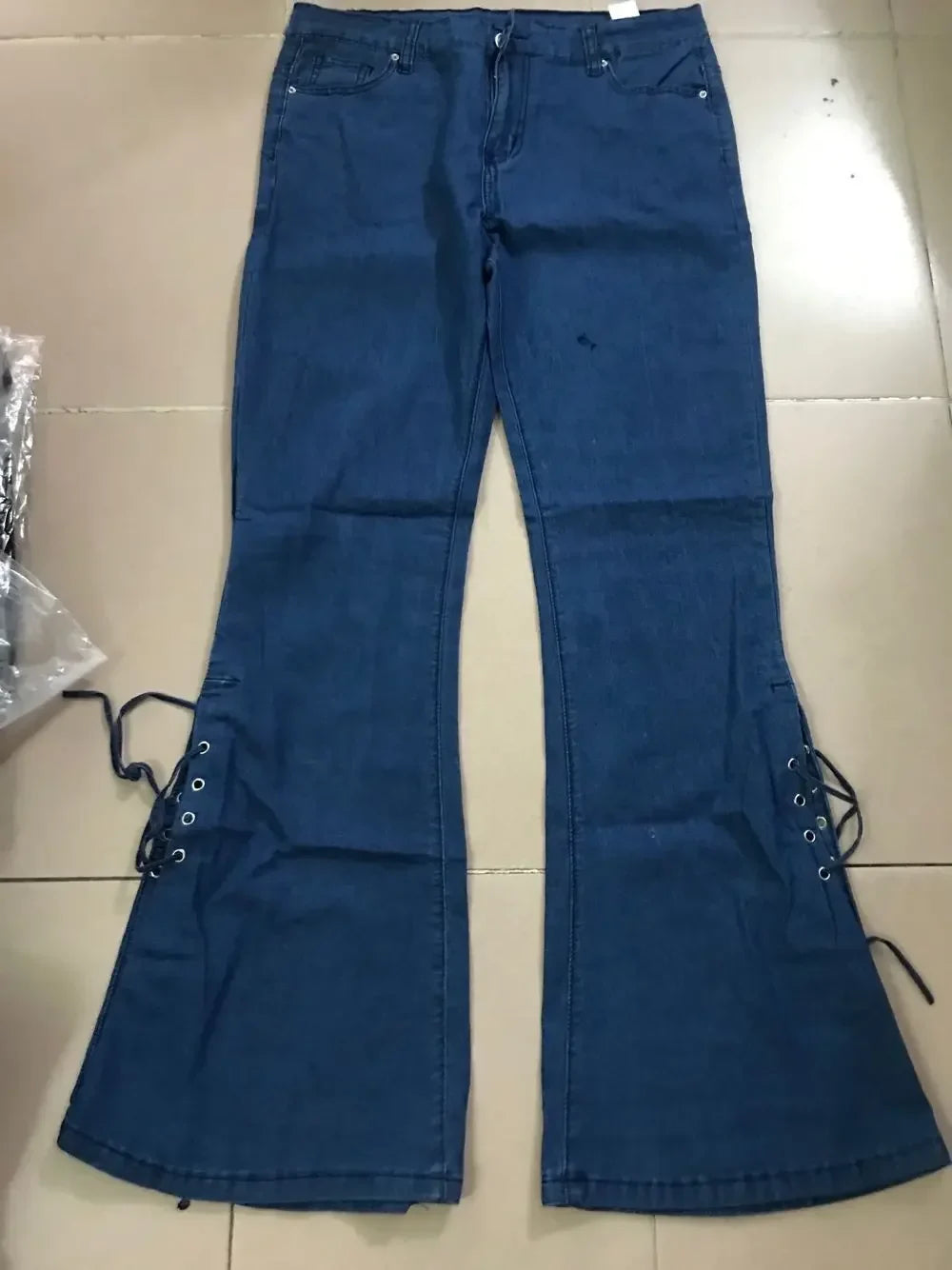 Full Length Flare Pants Jean Washed Denim Pants Zipper Fly Loose Fit Pockets High Waist Basics Lace Up Vintage Solid