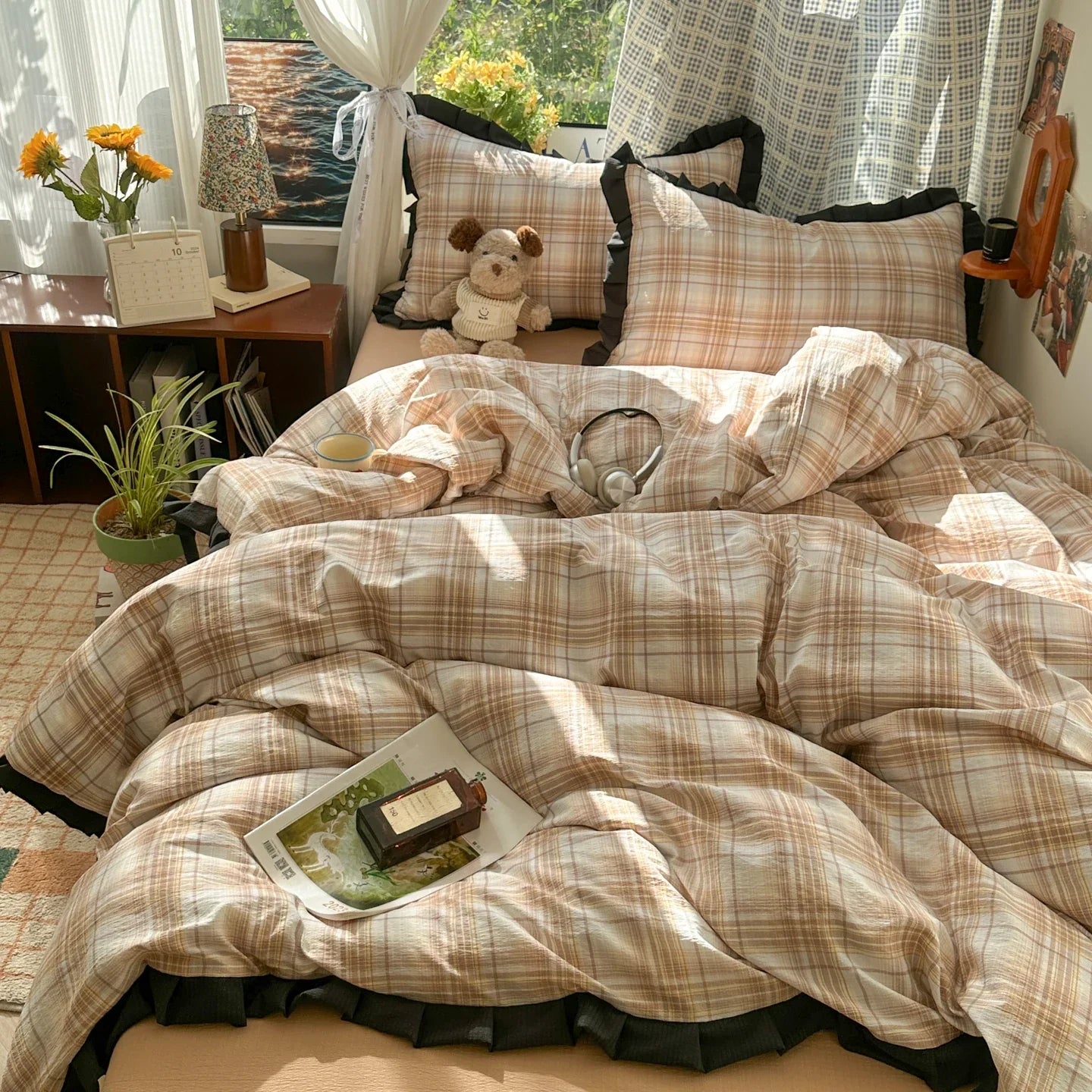 Plaid Bedding Set Double Yarn Classic Vintage Duvet Cover Set Flat Sheets Set 2 Pillowcases Single Twin Full Queen Size