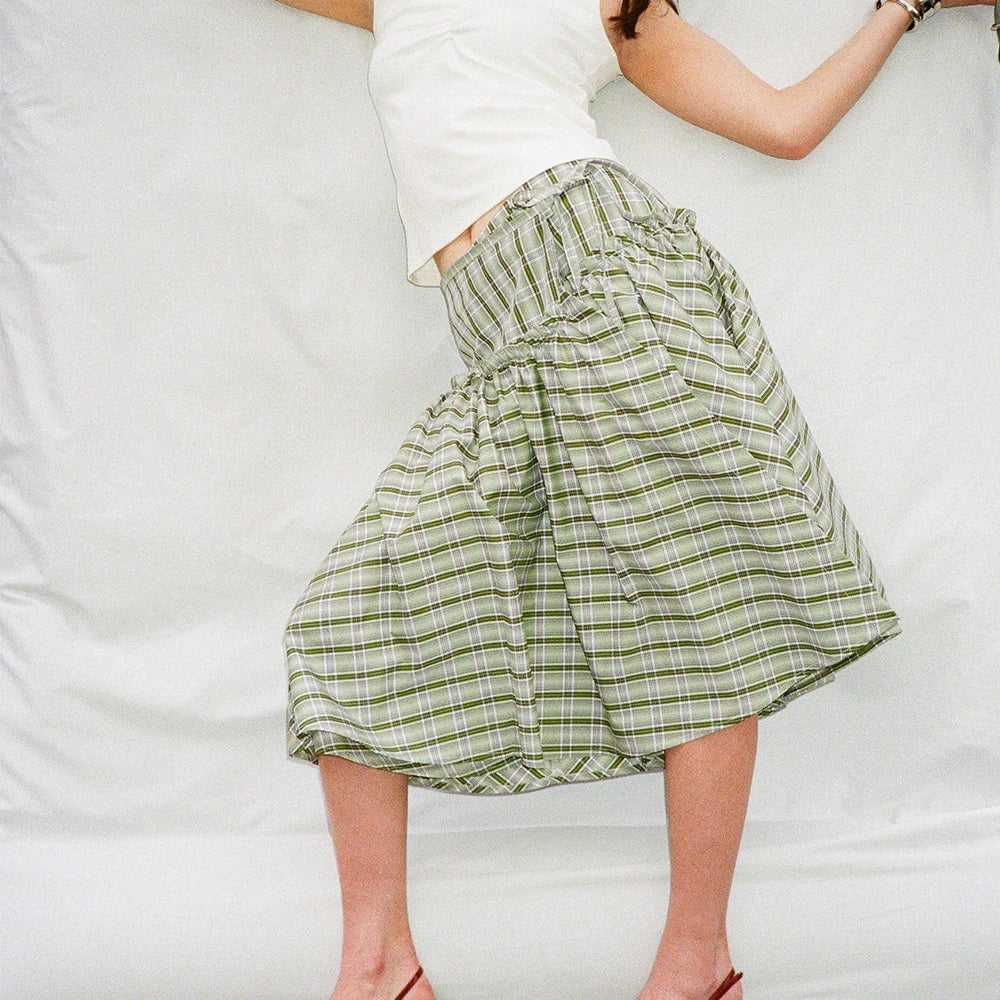 Vintage 2000s Plaid Skirts Casual Tie-Up Low Waist Tiered Ruffles Hem A-Line Midi Skirts Streetwear