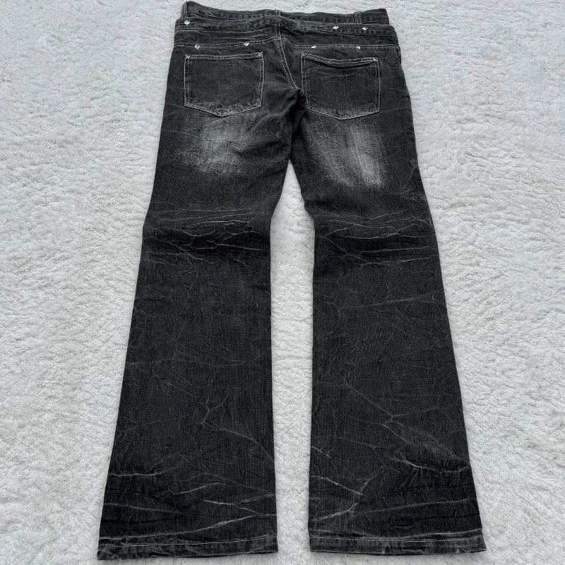 Y2K Washed Jeans Gothic Retro Micro Flared Double Waisted Lace Up Pants Streetwear Design Sense Trousers