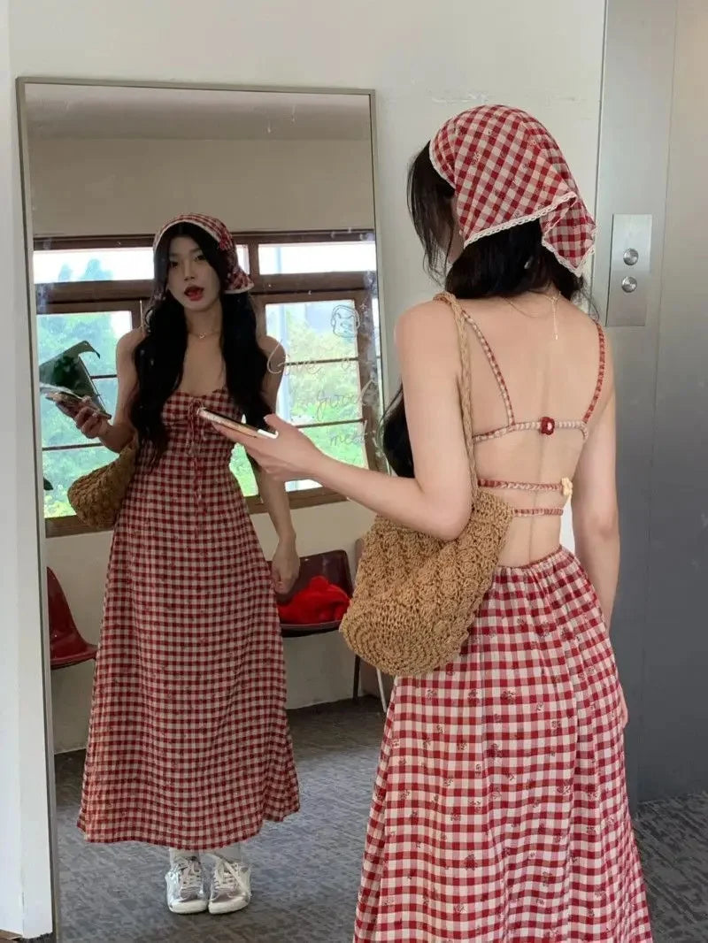 Red Plaid Off-Shoulder Dress Slim Fit Waist-Cinching Long Skirt V-neck Midi Dress Polyester Fiber Sleeveless