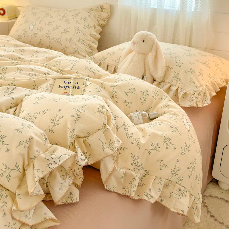 INS Princess Style Bedding Sets Ruffle Lace Bow Quilt Cover Romantic Bedclothes Decor Girls Bedroom Duvet Cover 4pcs