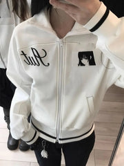 Japanese Subculture Anime Geometric Embroidery Short Jacket Stand Collar Zipper Contrasting Slim
