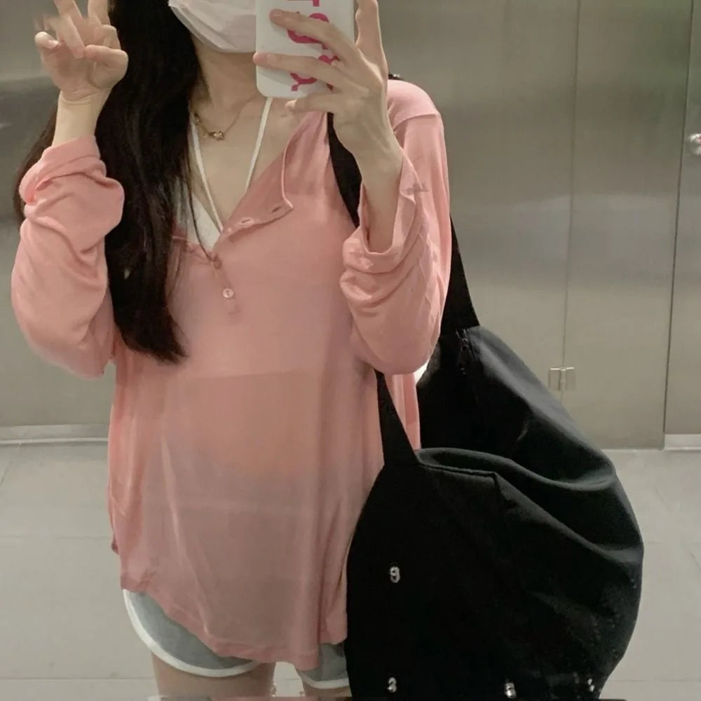 Korean Y2k Tank Top Long Sleeve V Collar Crop Top Button Sun Protection Frock Lady