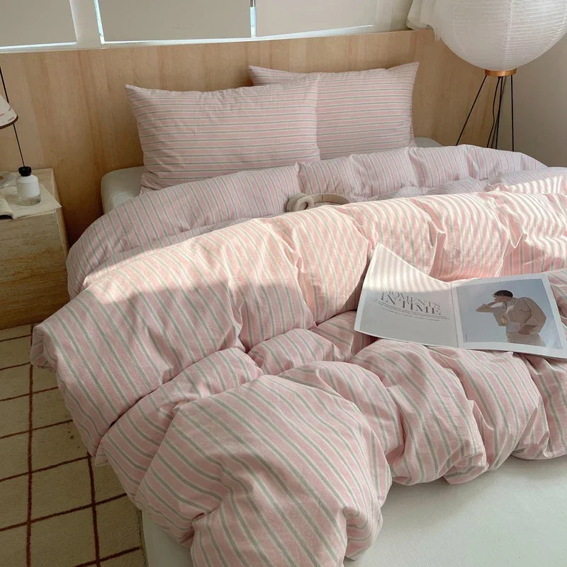 1pc Korean Cotton Pink Stripes Duvet Cover 150x200 Size Girl's Room housse de couette Skin friendly Breathable Comforter Sets