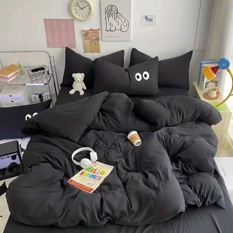 Cute Duvet Cover Set with Sheet Pillowcase No Filler Warm Solid Color Bed Linen Full Queen Size Korean Big Eyes Home Bedding Set