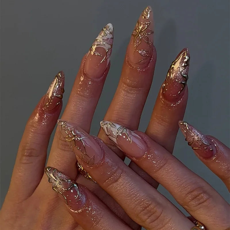 24pcs Golden Lines Patterns False Nails Dark Purple Blush French Fake Nails
