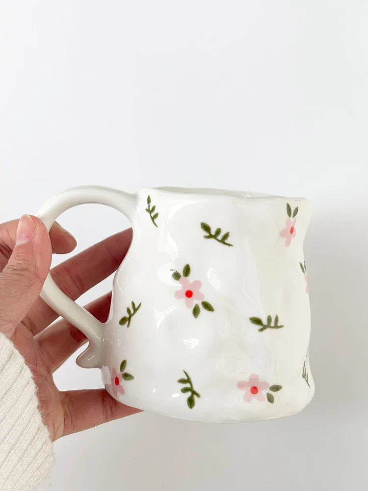 Retro floral cup, ceramic cup, hand-squeezed irregular cup, coffee cup, milk cup, water cup, high-value cup