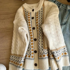 Vintage Jacquard Knit Cardigan Loose Casual Lazy Wind Print Button Pullovers Korean Long Sleeve Baggy Outwear