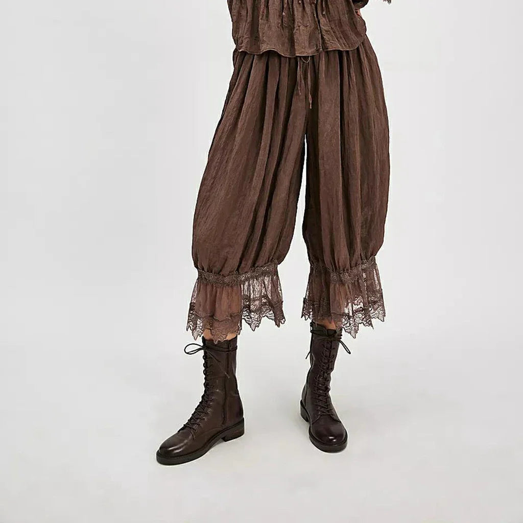 Combhasaki Y2K Loose Fit Bloomers Cropped Pants Drawstring High Waist Floral Lace Patchwork Calf-Length Lantern Trousers