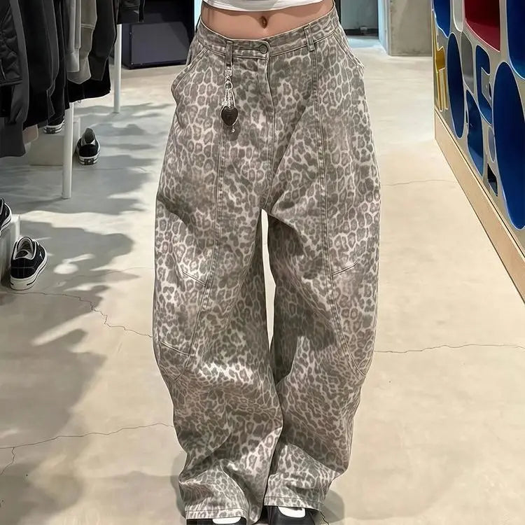 American Retro Stitching Leopard Print Jeans Streetwear Hip-hop Loose Straight Trousers Y2K Wide Leg Denim Pant