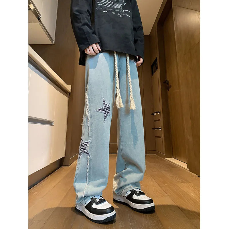 Jeans Patchwork Straight-leg jeans Personalized five-pointed star design Stretch waistband street jeans