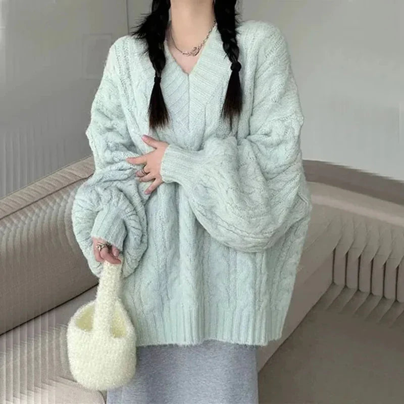 Sweater Harajuku Oversized Knitted Pullovers Korean Long Sleeve V Neck Knitwear Preppy Solid Loose Jumper