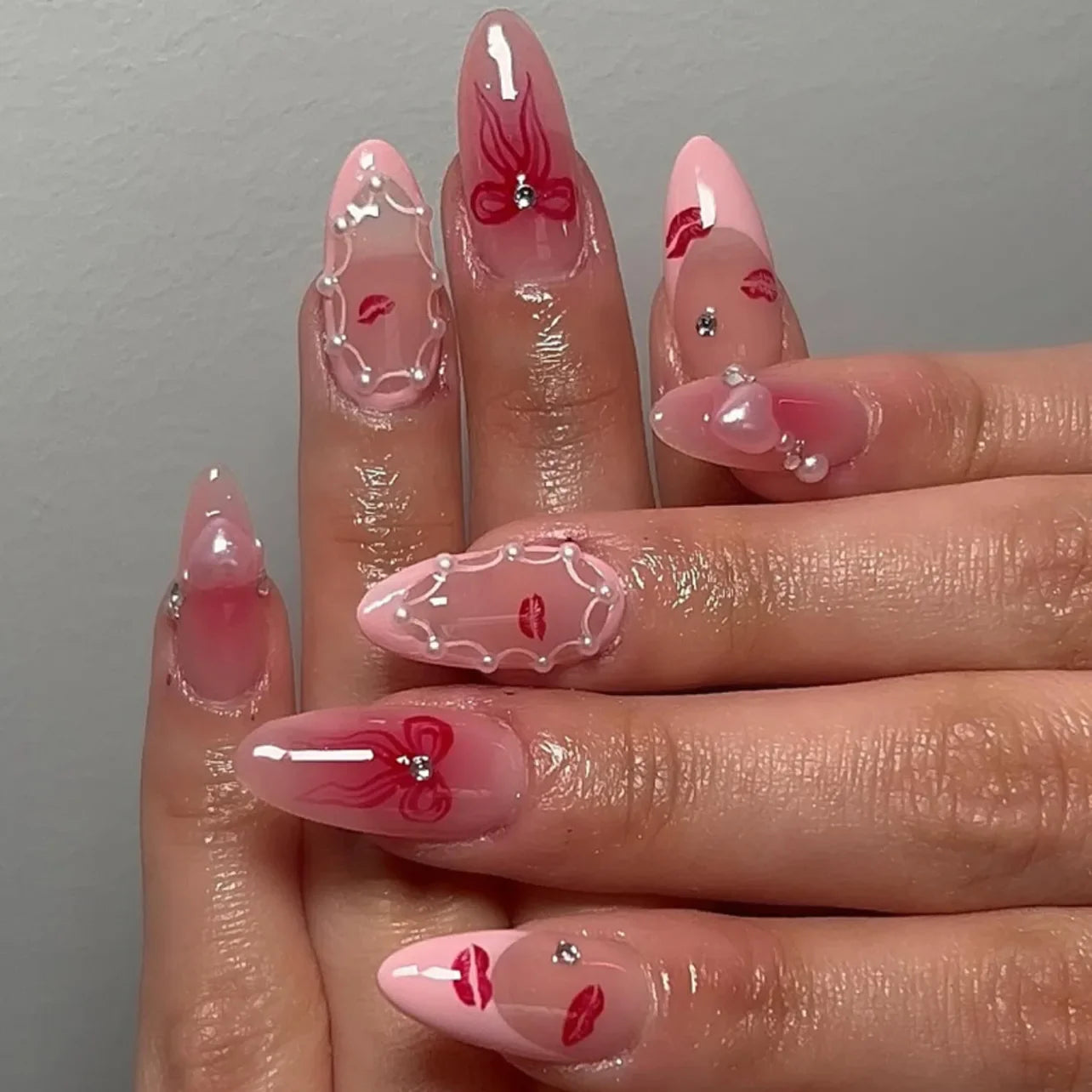 24PCS Wine Red Almond Press on Nails Cartoon Rabbit Bowknot with Plaid Pearl Designs French Fake Nails