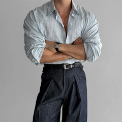 Long Sleeve Casual Linen Striped Shirt Korean Style Lightweight Seasons Blue Color Thin Fabric No Ironing