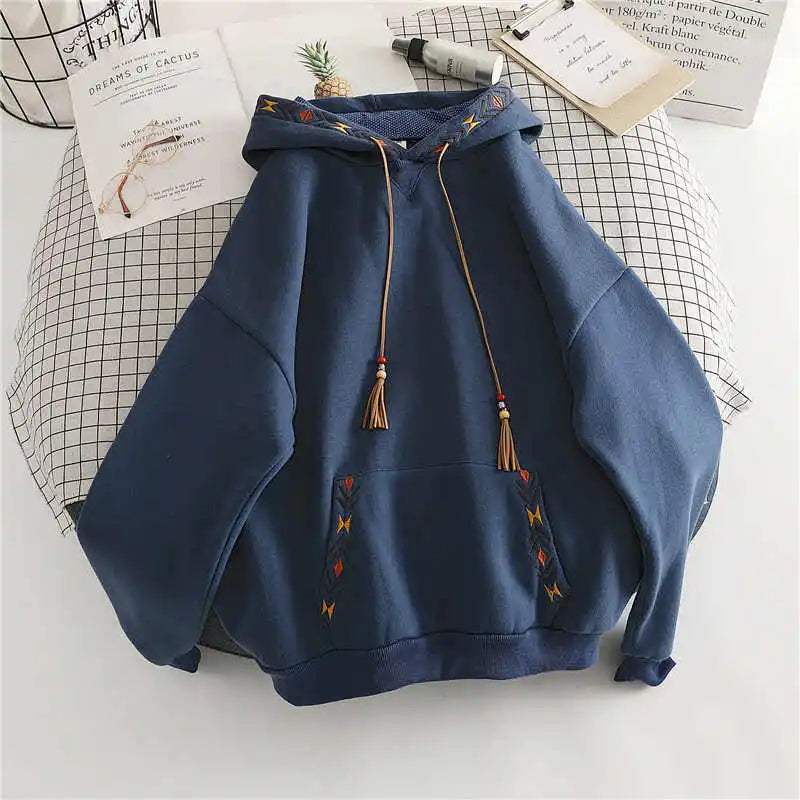 Hoodie Drawstring Tassel Exquisite Embroidery Large Pocket Thick Pullover Artisticable Top Jacket