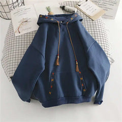 Hoodie Drawstring Tassel Exquisite Embroidery Large Pocket Thick Pullover Artisticable Top Jacket