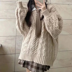 Sweater Harajuku Oversized Knitted Pullovers Korean Long Sleeve V Neck Knitwear Preppy Solid Loose Jumper