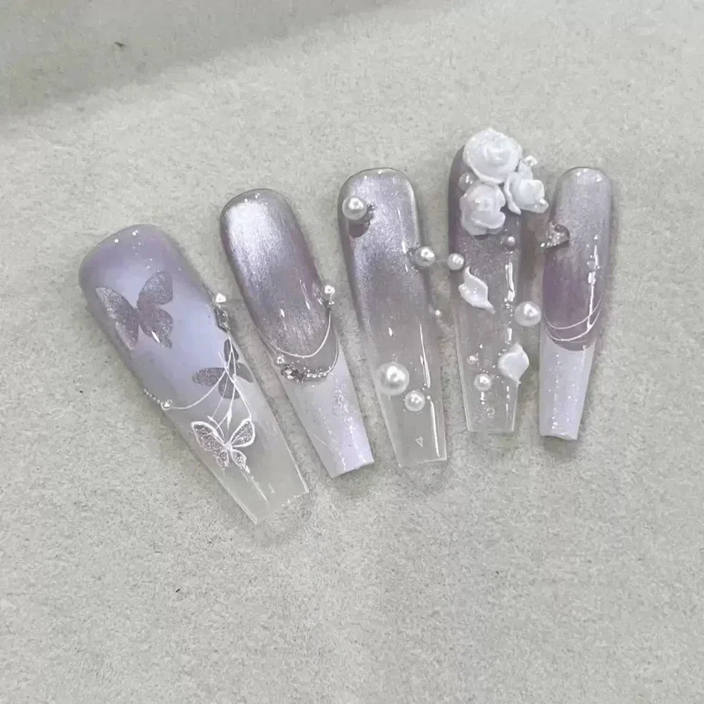 10Pcs Gentle Handwork Press On Nails French Style Flowers Butterfly Rhinestone Pearl Design Detachable False Nails Gift