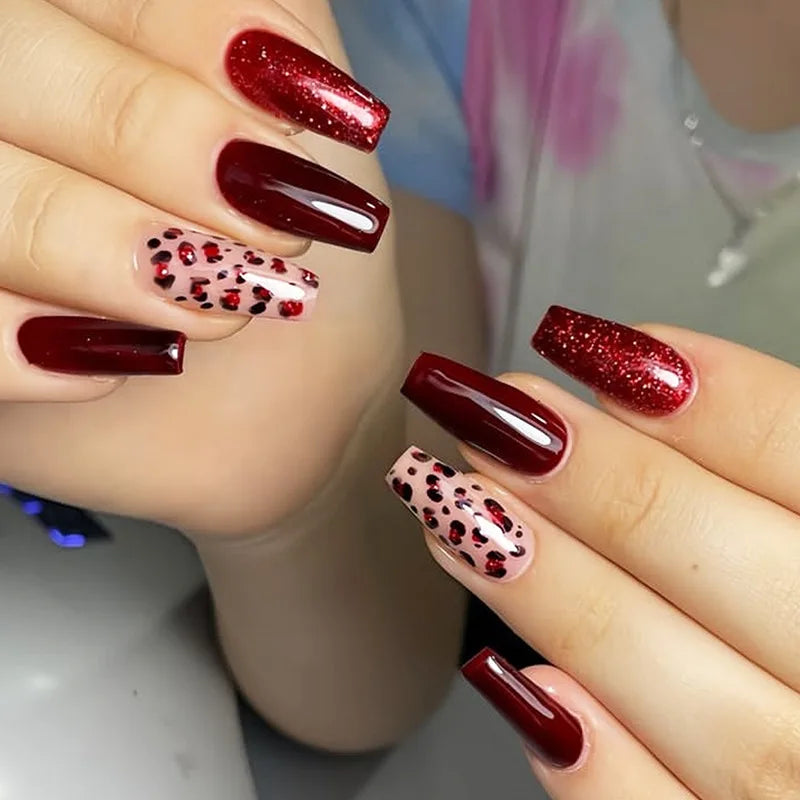 24Pcs Long Coffin Leopard Print False Nails with Glue Sweet Cool Diamond Fake Nail Set Floral French Press on Wearable Nail Tips