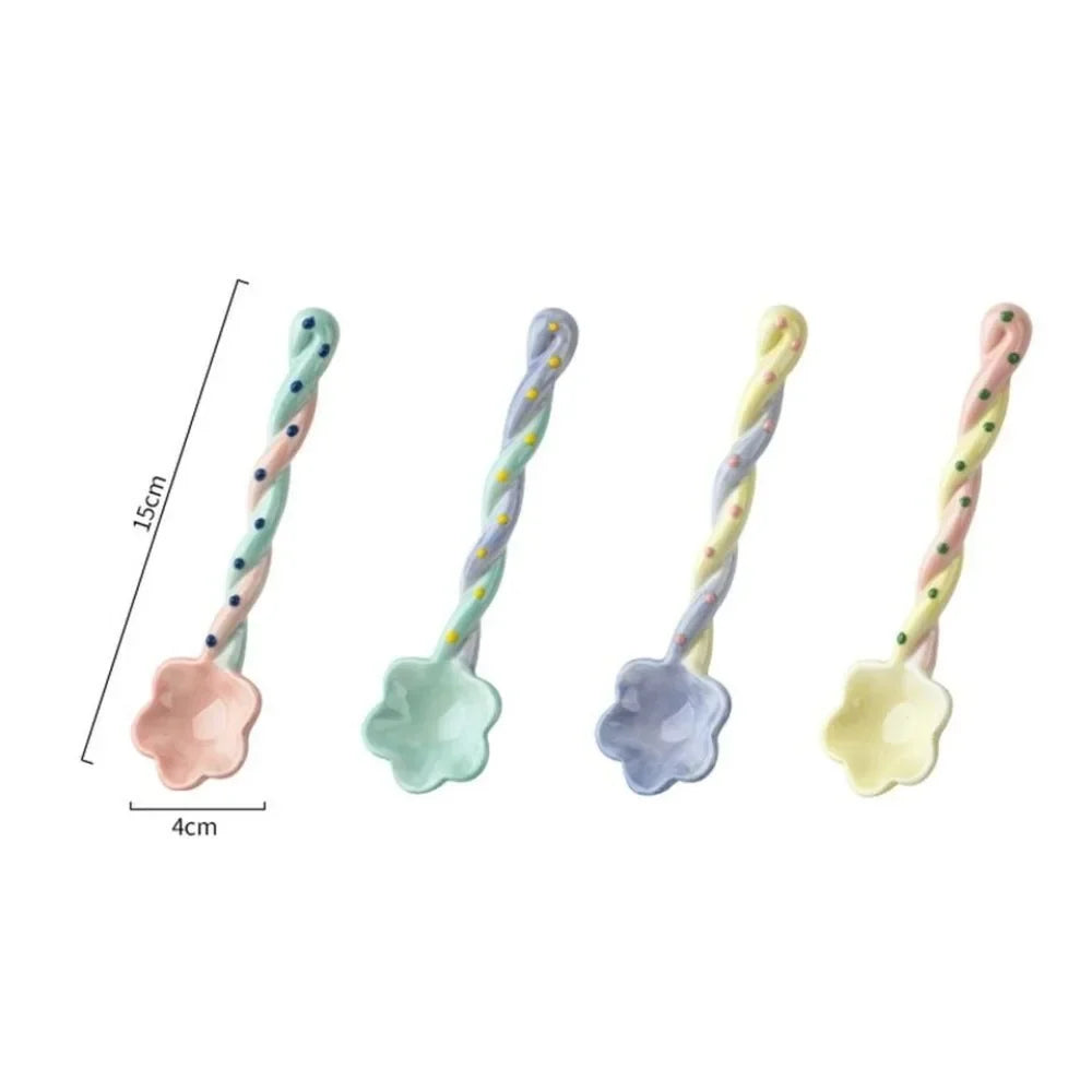 Ceramics Long Handled Spoon Instagram Style Household Stirring Spoon Hand Painted Flower Shaped Coffee Spoon