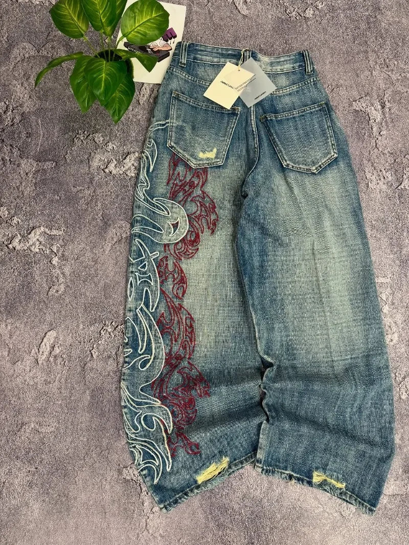 American Y2K Pattern Embroidery Baggy Jeans High Street Vintage Hip Hop Casual Joker Couple Wide-leg Pants