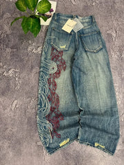 American Y2K Pattern Embroidery Baggy Jeans High Street Vintage Hip Hop Casual Joker Couple Wide-leg Pants
